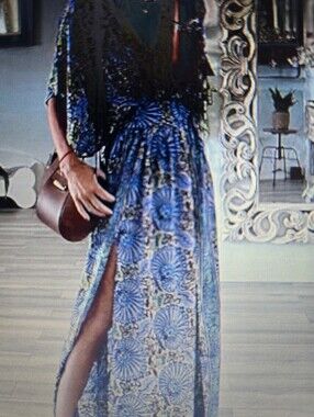 Blue Patterned Boho Maxi Dress with Side Slit